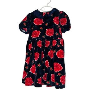 Vtg Badge girls blue red rose print velour dress sz 6